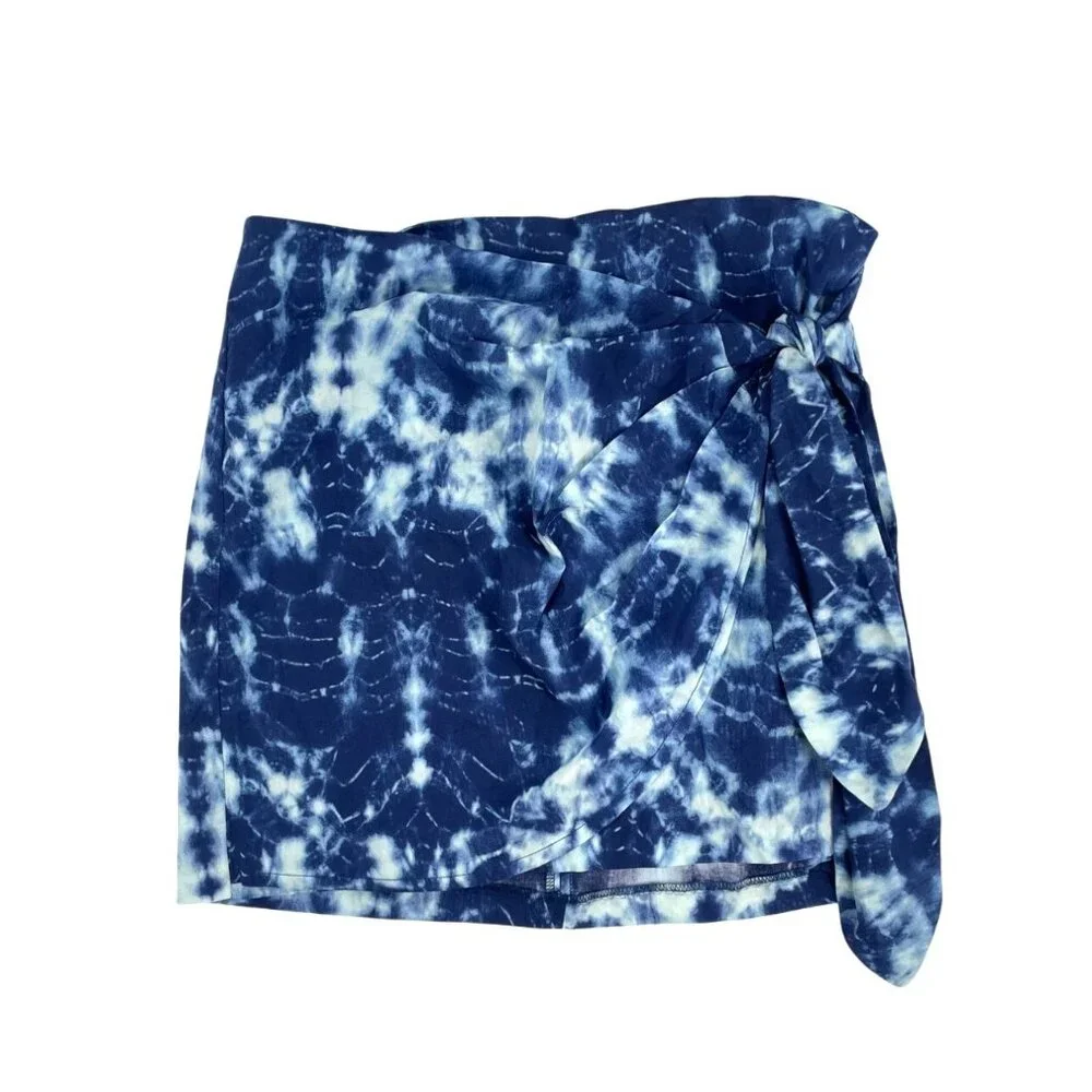 NWT Zara Womens Small Blue Tie-Dye Pleated Mini Skirt Knot Detail Faux Wrap